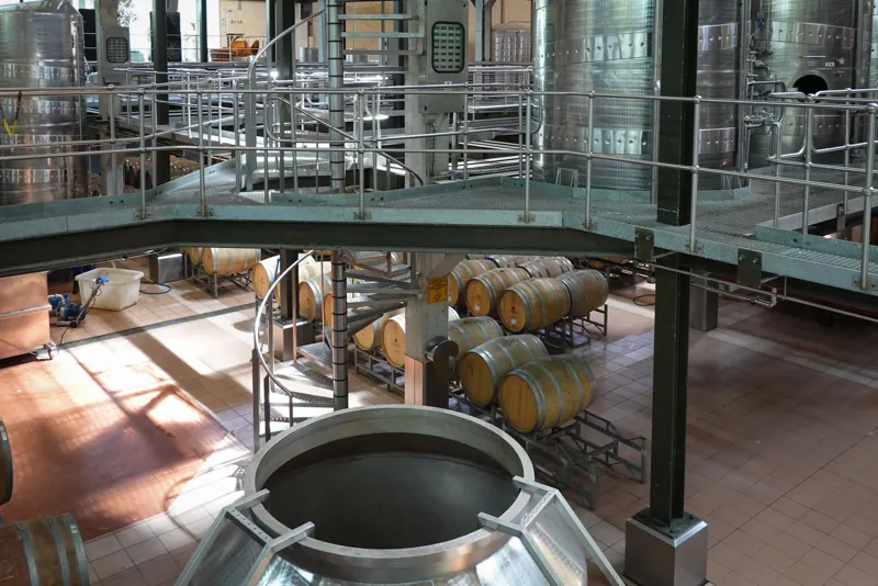 Bodega con depósitos de acero inoxidable y barricas de roble