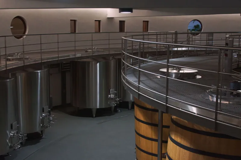 Depósitos de fermentación de acero inoxidable en la nave de una bodega